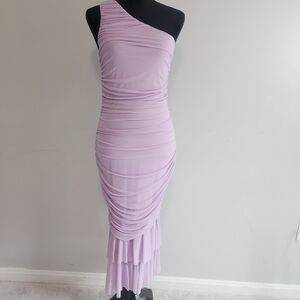 One-Shoulder Ruched Midi Dress in Lilac
